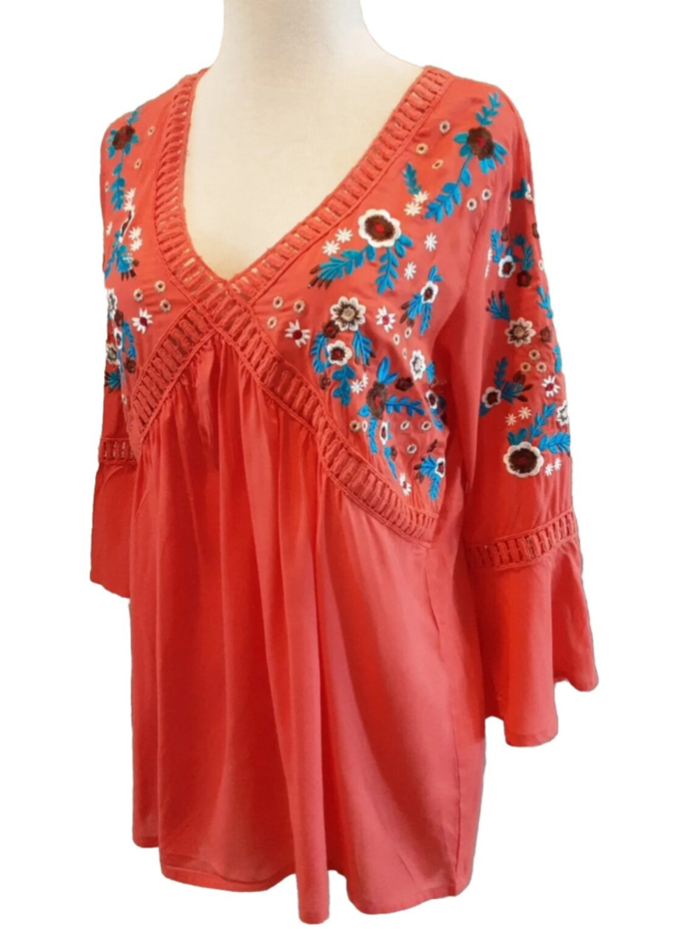 COWGIRL LEGEND Coral & Blue Boho Gypsy Embroidered Tunic NWT-Small-Perfect!